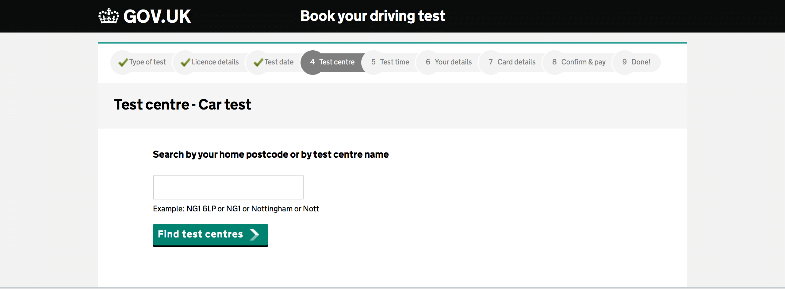 choose the test centre