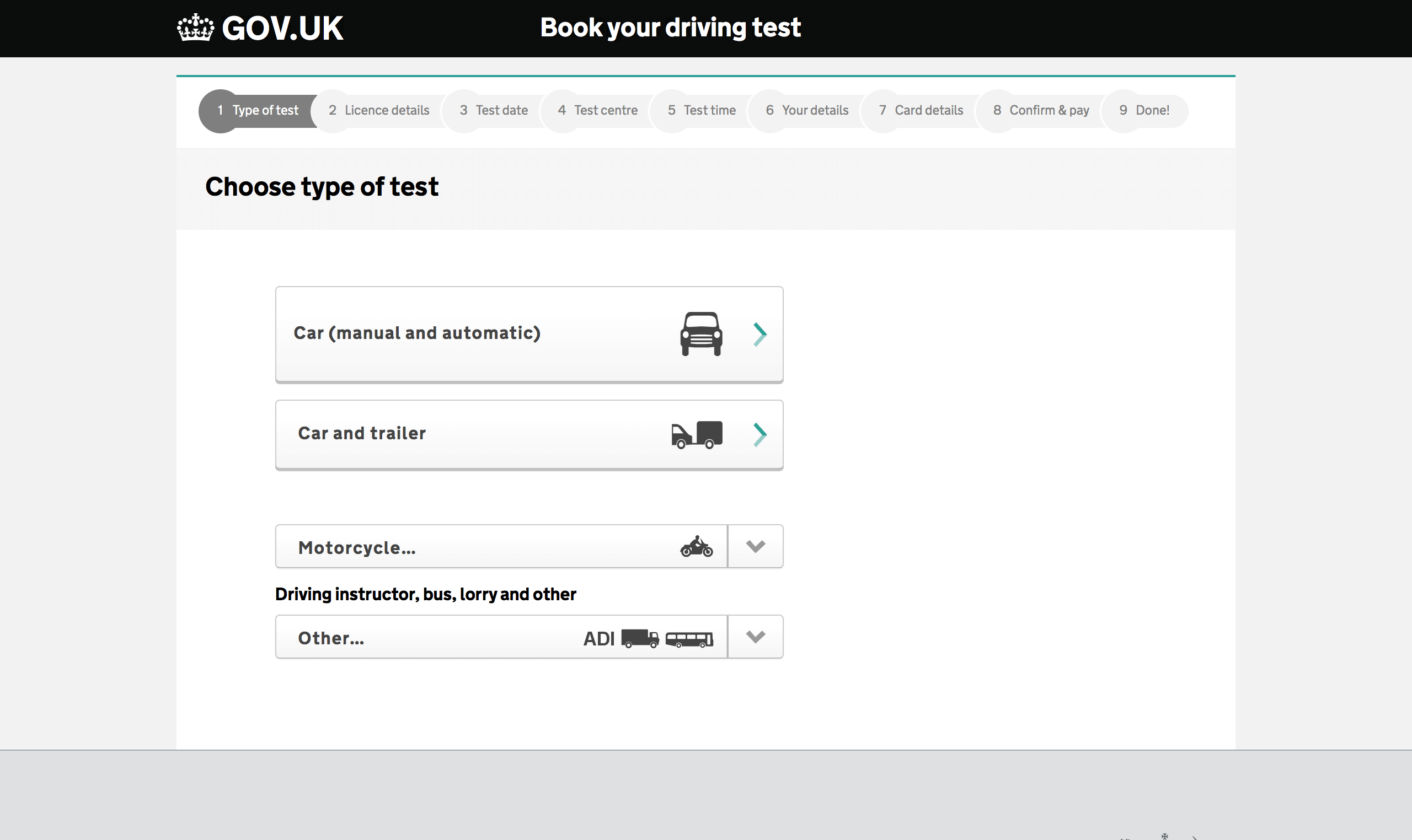 choose which type of road test